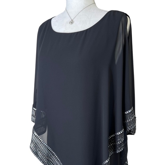 SLNY Dress Sheath Asymmetrical Metallic Trim Capelet Black Sliver 10 Medium M - Picture 4 of 16